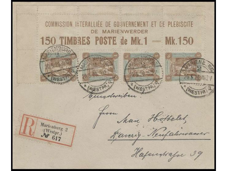 1 M. im senkrechten 4er-Streifen mit Bogenrandfeldern mit Randinschrift aus der linken unteren Bogenecke, sauber mit Stempel 