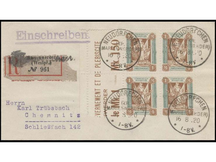 1 M. im Viererblock, links mit Bogenrandfeldern mit Randinschrift, sauber mit Stempel "NEUDÖRFCHEN 16 8 20" auf R-Brief nach 