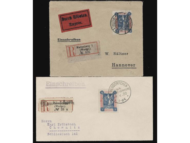  1920, 5 M. ultramarin/hellrot auf R- bzw. Eil-R-Brief nach Hannover bzw. Chemnitz mit Ankunftsstempel, gute Erhaltung