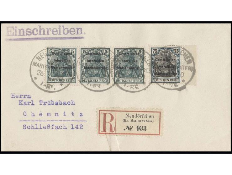 Germania 5 Pfg. im waagerechten 3er-Streifen und 75 Pfg. mit rechtem Bogenrand mit Stempel "NEUDÖRFCHEN 26 7 20" auf R-Brief 