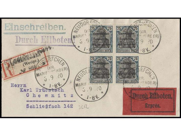  75 Pfg. im 4er-Block mit rechtem Seitenrand mit Stempel "NEUDÖRFCHEN 3.9.20" auf eingeschriebenem Eil-Brief nach Chemnitz mi