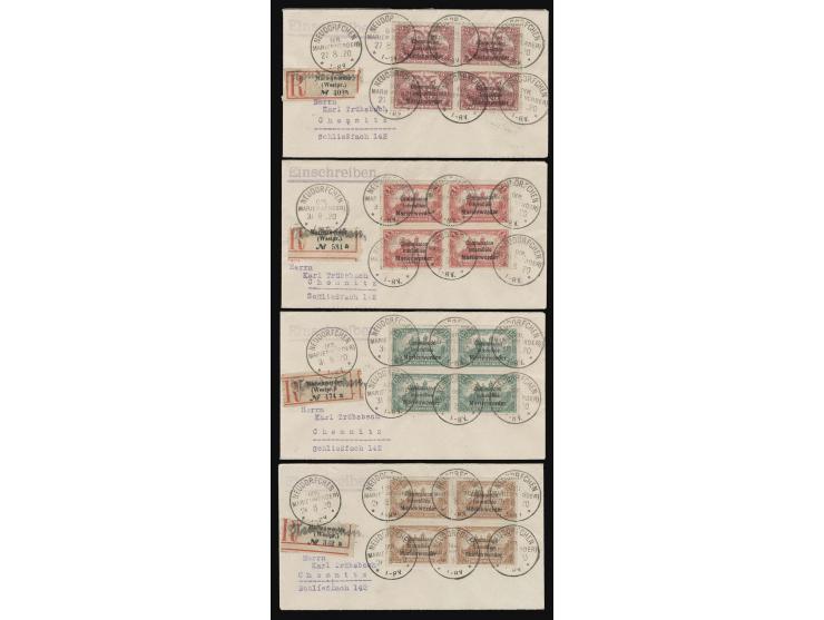 1-2,50 M., je im 4er-Block mit Stempel "NEUDORFCHEN 26/27/31 8 20" auf R-Brief nach Chemnitz mit Ankunftsstempel, gute Erhalt