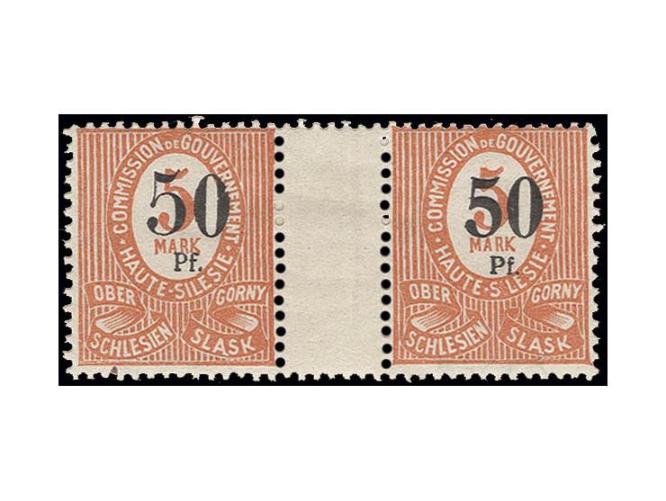 50 Pf. auf 5 M., waagerechtes Zwischenstegpaar in den Typen aVa/Z/aIIa, ungebraucht, Pracht, sign. Müller-Mark, Fotoattest Gr
