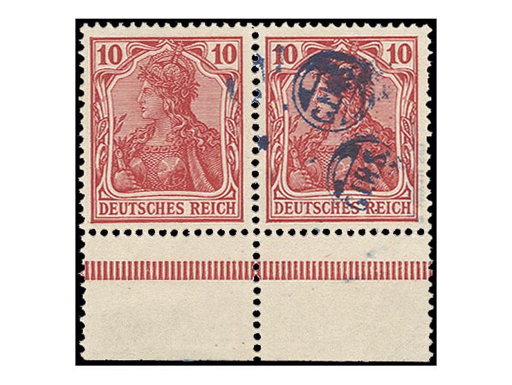  10 Pfg., waagerechtes Unterrandpaar, die rechte Marke mit doppeltem, die linke Marke ohne Aufdruck, postfrisch, Kabinett, si