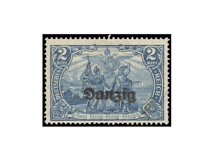1920, "Danzig" auf 2 M. dunkelkobaltblau mit doppeltem Aufdruck, ungebraucht, rechts unten leichte Verfärbung, sonst einwandf