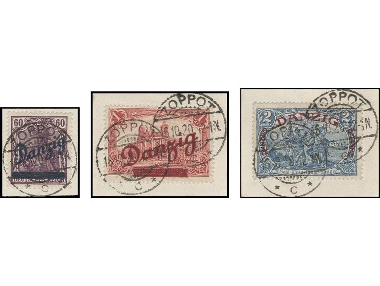 Großer Innendienst 60 Pfg. - 2 M. je mit klarem, zeitgerechtem Stempel "ZOPPOT 16.10.20" auf kleinem Briefstück, Kabinett, u.