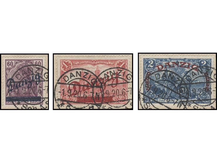 60 Pfg.-2 M., je mit klarem, zeitgerechtem Stempel "DANZIG Sch. A. 1.9.20" auf Briefstück, Kabinett, u.a. sign. Infla Berlin 