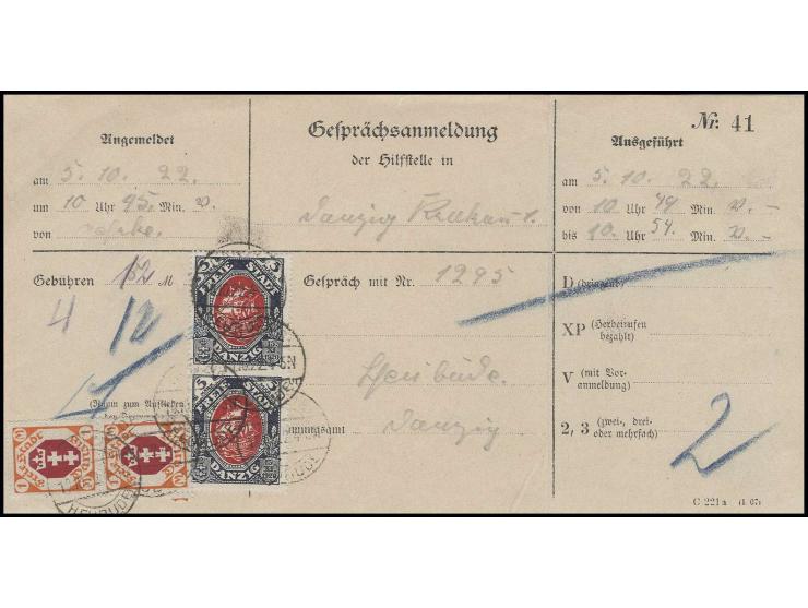 1921, Kogge 5 M. im senkrechten Paar mit senkrechtem Paar Wappen 1 M. mit Stempeln "DANZIG HEUBUDE 10.10.22" als innerdienstl