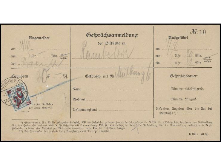 1922, 20 auf 8 M. mit Stempel "HOHENSTEIN 1.11.20" auf kpl. Formular "Gesprächsanmeldung" für ein Telefongespräch von der Hil
