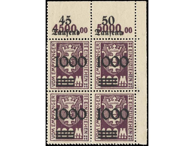 PORTOMARKEN: 1923, 1000 auf 100 M., Viererblock aus der rechten oberen Bogenecke, drei Marken postfrisch, eine ungebraucht un
