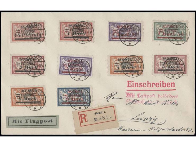 1922, 40 Pfg.-9 M. kpl. auf Luftpost-R-Brief von "MEMEL 18.10.22" nach Leipzig mit rotem L2 "Mit Luftpost befördert / Flugpos