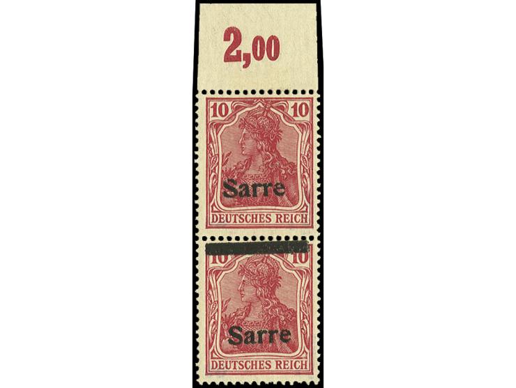10 Pfg. im senkrechten Oberrandpaar, dabei obere Marke nur mit Aufdruck "Sarre", die untere Marke mit Balken oben, postfrisch
