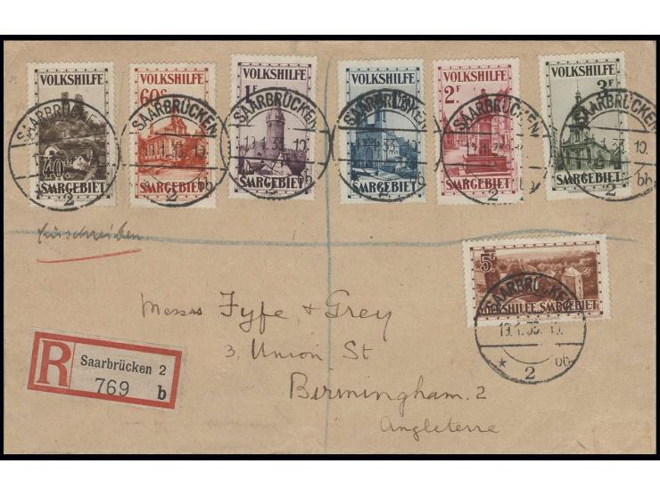  1932, Volkshilfe 40 C. - 5 Fr. mit Stempel "SAARBRÜCKEN 19.1.33" auf R-Brief nach Birmingham mit Ankunftsstempel, Pracht