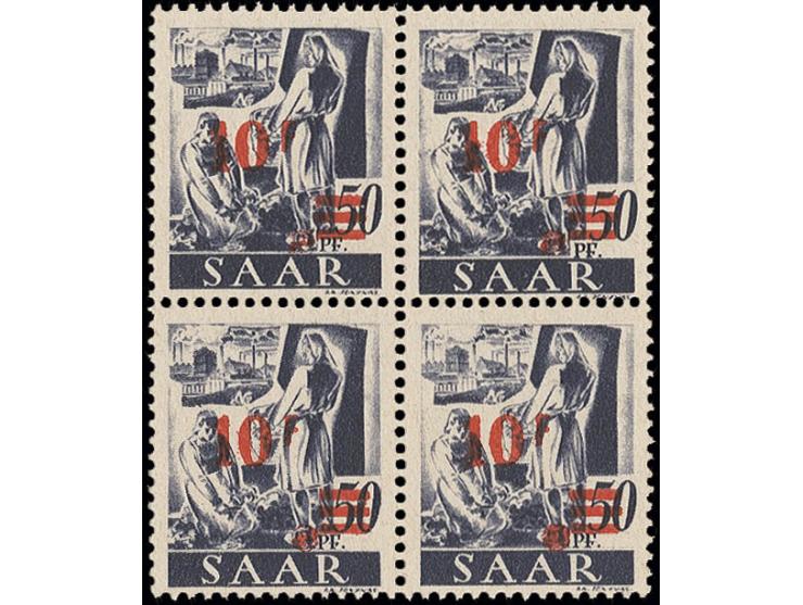 10 Fr. auf 50 Pfg. im 4er-Block, alle Werte in Type II mit weitem Abstand zwischen "10" und "F" (5. und 6. senkrechte Reihe),