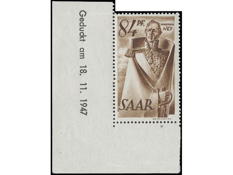 84 Pfg., linkes unteres Eckrandstück mit Druckdatum "Geduckt am 18.11.1947", postfrisch mit kleiner schwarzer Haftstelle im U