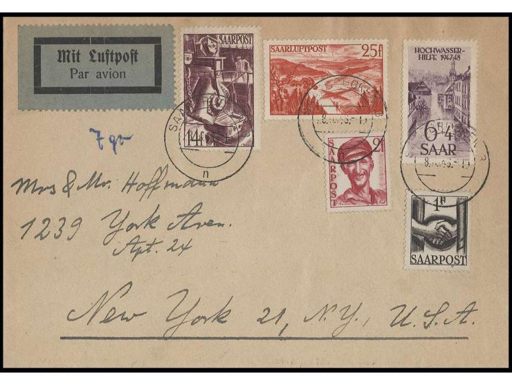 Hochwasserhilfe 6 Pfg. mit portogerechter Zufrankatur auf Luftpost-Brief der 2. Gewichtsstufe von "SAARBRÜCKEN 28.10.48" in d