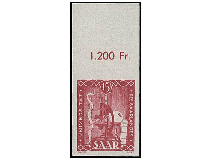 1949, Saar-Universität 15 Fr., ungezähntes Oberrandstück, postfrisch, sign. Hoffmann BPP