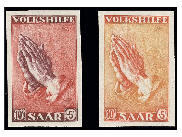 10 Fr., 2 ungezähnte Probedrucke in verschiedenen Farbkombinationen, postfrisch, einmal Bleistiftsignatur (Mi. 500,-)
