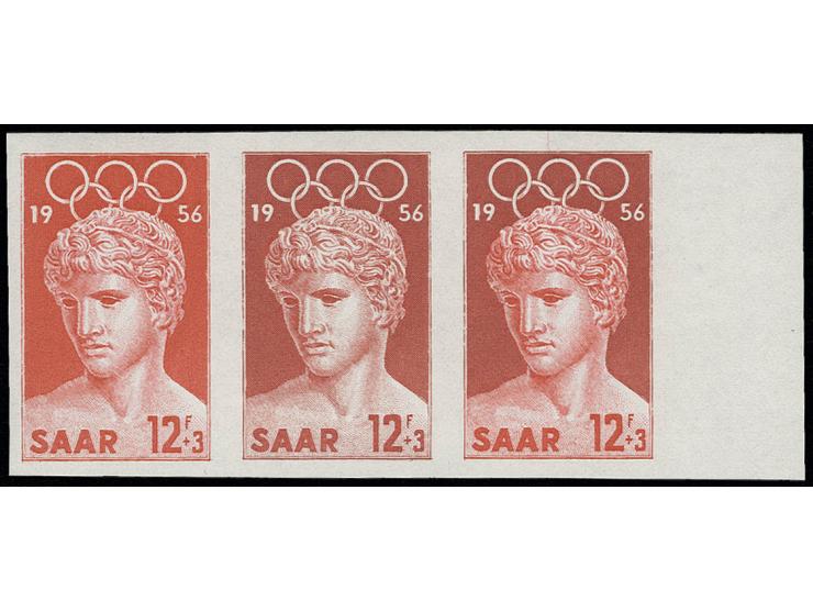 1956, Olympische Sommerspiele 12 Fr., Farbprobe-3er-Streifen in orange/rot, postfrisch, sign. Zierer und Hoffmann BPP