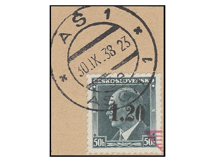 1.20 auf 50 H. mit Stempel "AS 1 30.IX.38" auf kleinem Briefstück, Kabinett, u.a. sign. Dr. Hörr und Fotoattest Brunel BPP