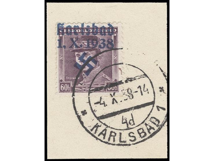 1938, 60 H. schwärzlichviolettpurpur mit dunkelgrünlichblauem anstatt lebhaftblaugrünem Aufdruck, mit Stempel "KARLSBAD 1 -4.