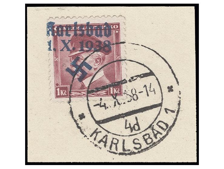 1 Kc. schwärzlichrosalila mit dunkelgrünlichblauem anstatt lebhaftblaugrünem Aufdruck, mit Stempel "KARLSBAD 1 -4.10.38 -14" 