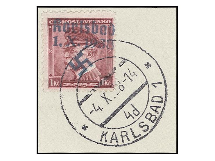  1 Kc. schwärzlichrosalila mit dunkelgrünlichblauem anstatt lebhaftblaugrünem Aufdruck, mit Stempel "KARLSBAD 1 -4.10.38 -14"