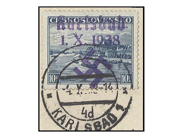 10 Kc. schwarzkobaltblau, mit Stempel "KARLSBAD 1 -4.X.38 -14" auf kleinem Briefstück, Kabinett, Auflage nur 58 Stück, sign. 