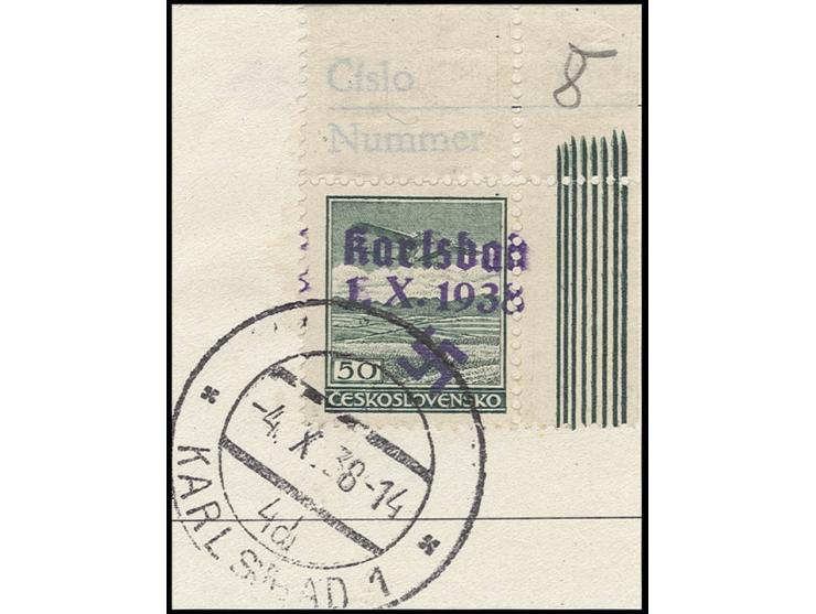 Flugpost 50 H. schwarzlichgrün aus der rechten oberen Bogenecke, mit Stempel "KARLSBAD 1 -4.X.38 -14" auf kleinem Briefstück,