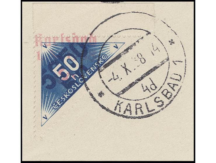 Zustellungsmarke 50 H. schwärzlichultramarin mit Seitenrand, mit senkrechtem Aufdruck, mit Stempel  "KARLSBAD 1 -4.10.38 -14"