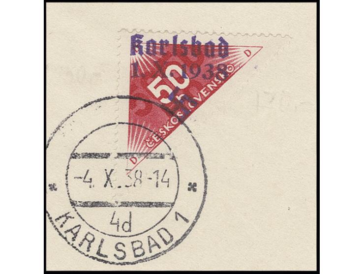   50 H. lebhaftmagenta, mit senkrechtem Aufdruck, mit Stempel  "KARLSBAD 1 -4.10.38 -14" auf Briefstück, Kabinett, bisher nur