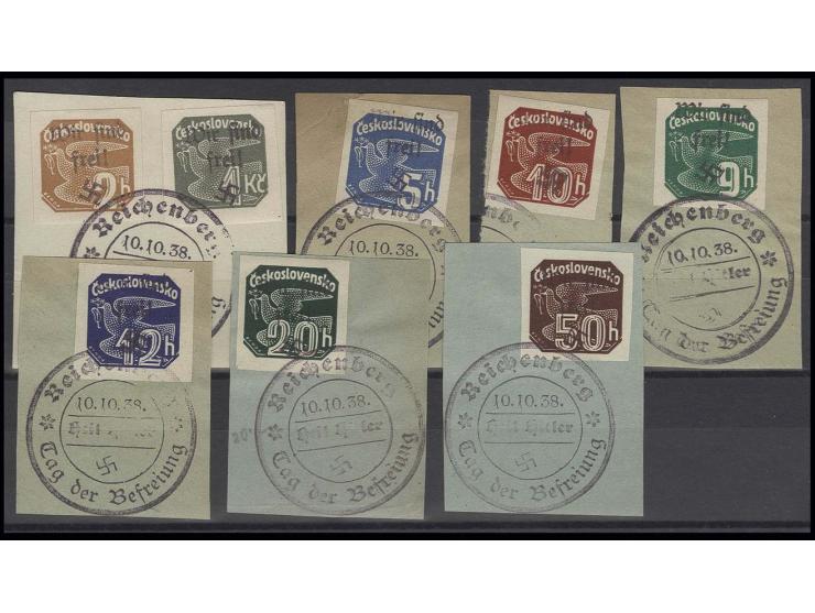 1938, Zeitungsmarken 2 H.-1 Kc. bis auf 7 H. kpl. mit Stempel "REICHENBERG 10.10.38" auf auf 7 Briefstücken, Pracht, sign. Ma