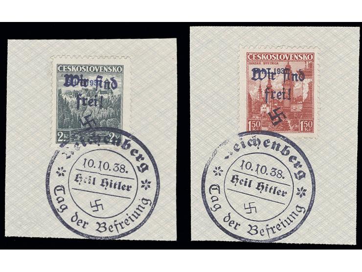  1.50 Kc. und 2 Kc., je mit Befreiungsstempel "REICHENBERG 10.10.38" auf kleinem Briefstück, Kabinett, Befunde Brunel BPP