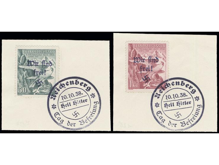 Sokol-Winterspiele 50 H. und 1 Kc., je mit Befreiungsstempel "REICHENBERG 10.10.38" auf Briefstück, Kabinett, Fotoattest Brun
