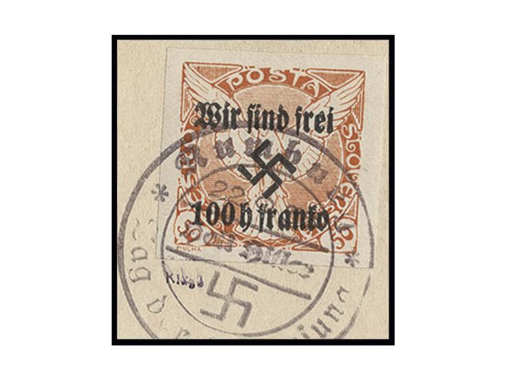 1938, 100 H. auf  50 H. orange mit Stempel "Rumburg 22.9.38" auf Briefstück, Kabinett, sign. Mahr BPP (Mi. 900,-)