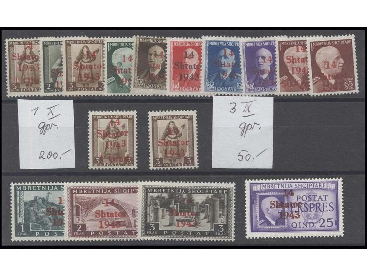 1943, 1 Q.-3 Fr. postfrisch kpl. incl. Eilmarke, dazu Mi.-Nr. 1X und 3IX, postfrisch, alle sign. Brunel BPP (Mi. 570,-)