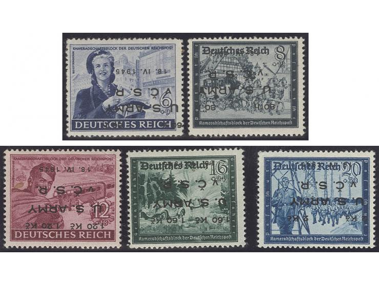 Postkameradschaft 6-24 Pfg. mit kopfstehendem Aufdruck "U.S. ARMY v C.S.R 18.IV.1945", postfrisch, 12 Pfg. kleiner Eckbug und