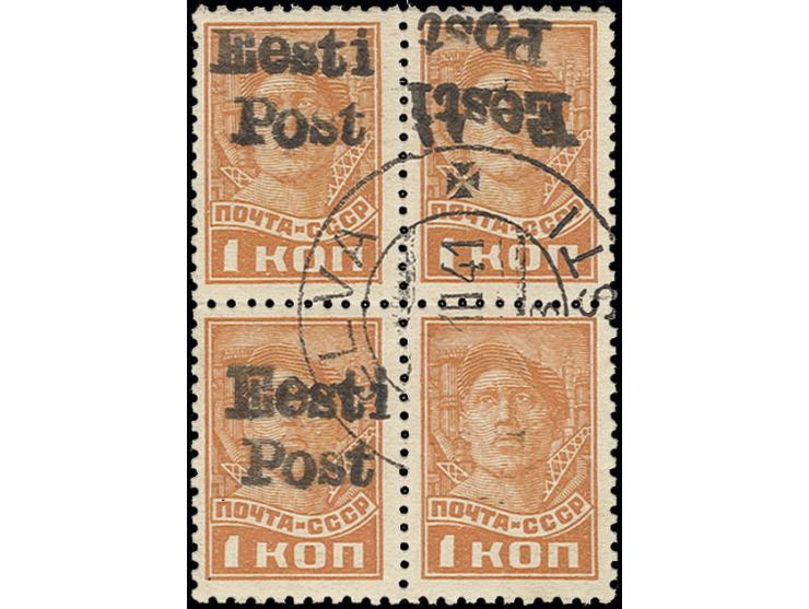 1941, Arbeiter 1 K. im 4er-Block, die linken beiden Marken mit normalem, die rechte obere mit kopfstehendem und die rechte un