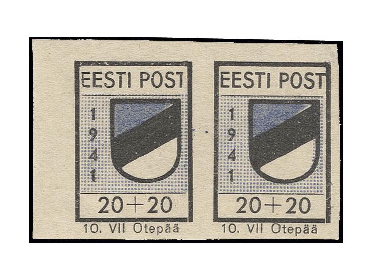 20 K. im waagerechten Paar aus der linken oberen Bogenecke, die linke Marke mit Plattenfehler "T von POST rechts ohne Querbal