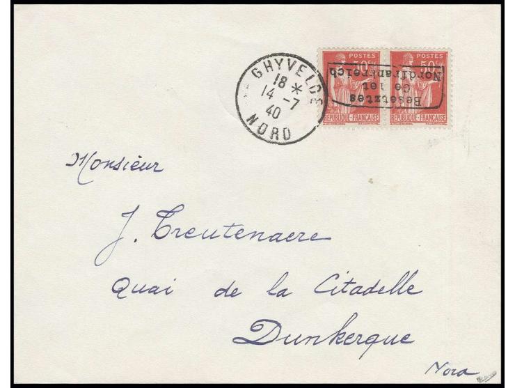 50 C. rot mit kopfstehendem Aufdruck auf Brief aus "GHYVELDE 14.7." nach Dünkirchen mit Ankunftsstempel, Pracht, sign. Calves