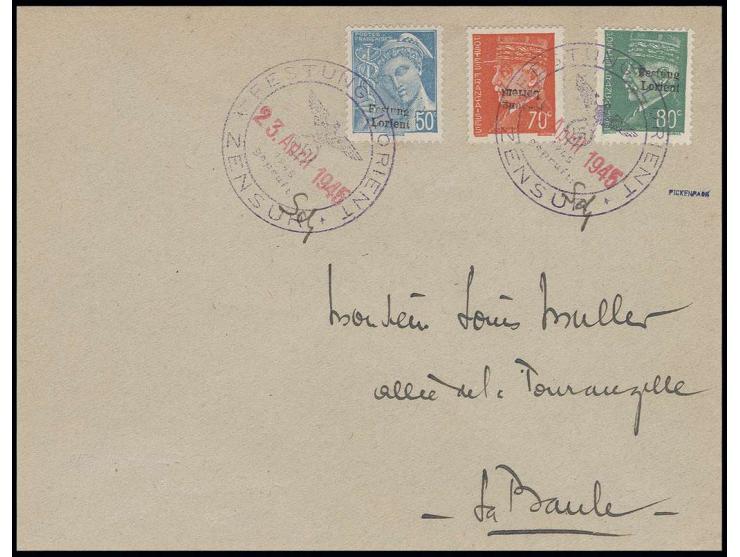 1945, 70 C. mit kopfstehendem Aufdruck sowie 50 und 80 C. mit normalem Aufdruck, mit Stempel "FESTUNG LORIENT ZENSUR 23. Apri