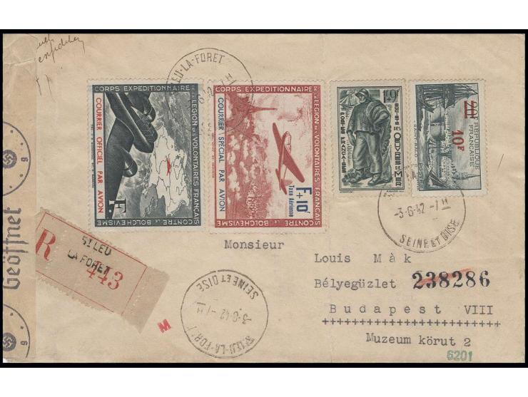  Flugpost 10 Fr. schwarzgrün und 10 Fr. karmin mit Aufdruck mit französischer Zufrankatur mit Stempel "ST. LEU LA FORET -3.6.