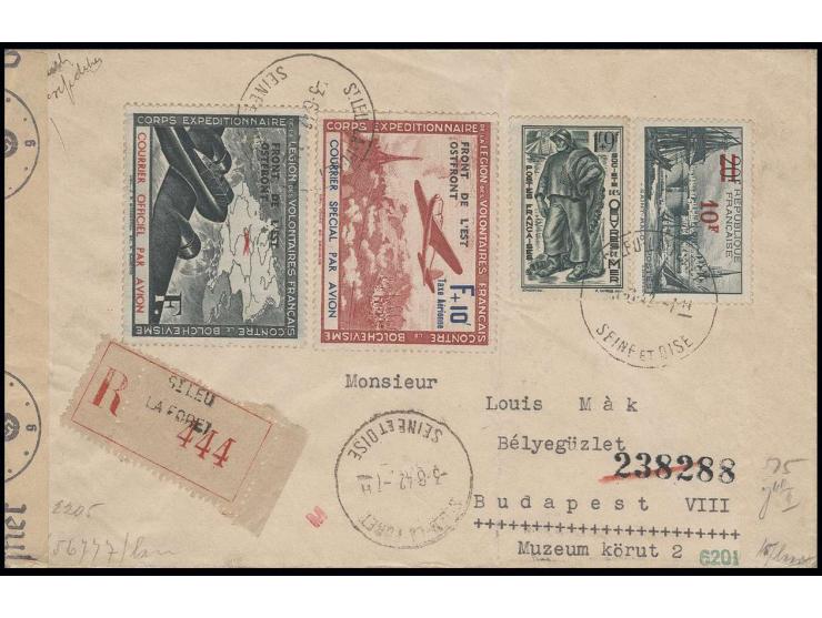  Flugpost 10 Fr. schwarzgrün und karmin, je mit Aufdruck mit französischer Zufrankatur mit Stempel "ST. LEU LA FORET -3.6.42"
