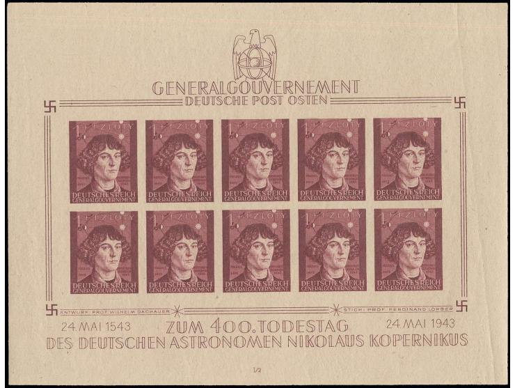 1943, Kopernikus 1 Zl., ungezähnter Probedruck ohne Aufdruck auf gelblichem Papier, gummiert, rechts im Rand schräg verlaufen