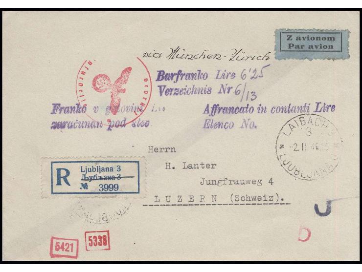 DIVERSES: 1945, "Barfranko Lire 6'25" violetter L1 mit weiteren Franko-Stempeln auf eingeschriebenem Luftpostbrief mit divers