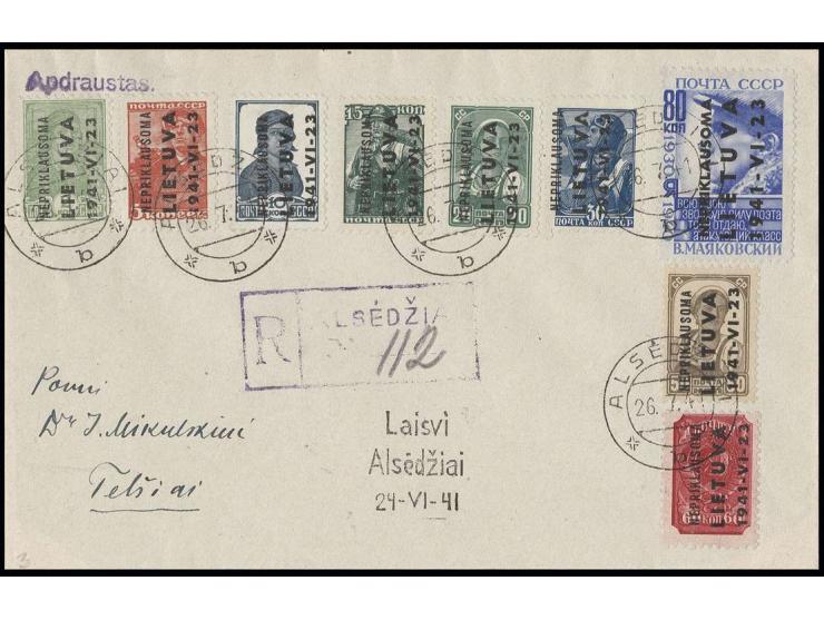 Landesausgabe: 1941, 2-80 K. kpl. mit Stempel "ALSEDZIAI 26.7.41" auf R-Brief nach Telsiai mit nebengesetztem Handstempelaufd