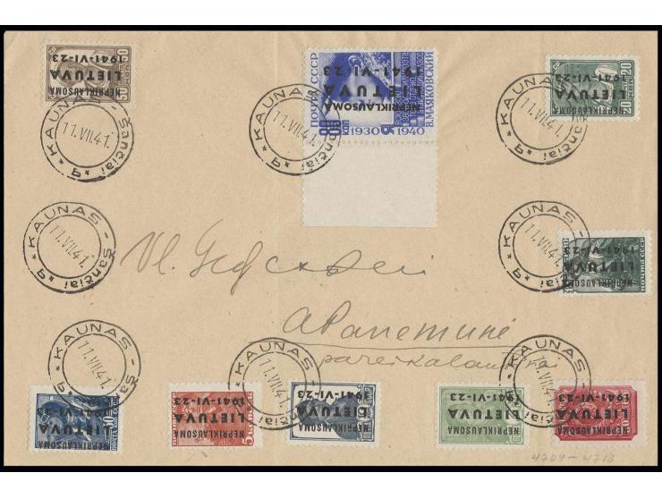 5-80 K. kpl. mit Stempel "KAUNAS 11.VII.41" auf  beschriftetem Umschlag, Kabinett