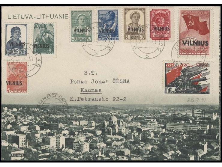 5 K. - 1 Rbl. kpl. mit Stempel "VILINUS 22.7.41" auf illustriertem Umschlag nach Kaunas mit vorderseitigem Ankunftsstempel, 1