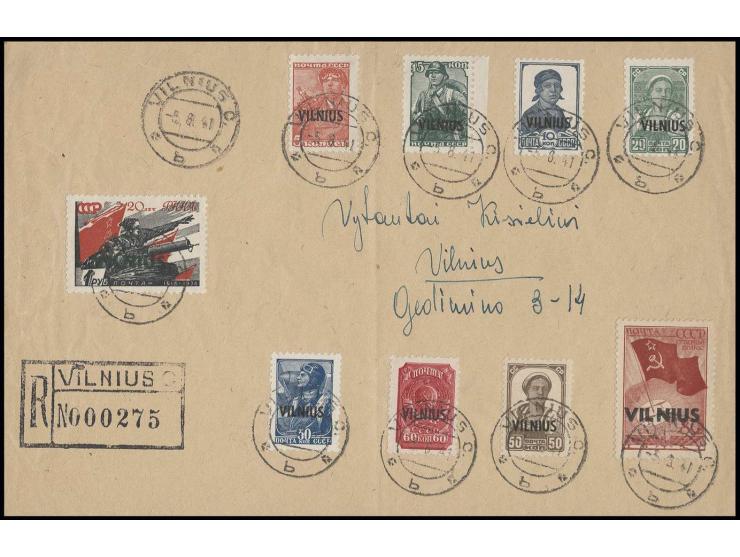 5 K.-1 Rbl. kpl. mit Stempel "VILNIUS 5.8.41" auf beschriftetem philatelistischem R-Umschlag, 80 K. mit Aufdruckfehler "weite
