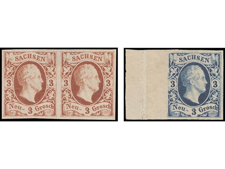 Probedrucke auf weißem Papier: 3 Neugroschen blau mit breitem linkem Bogenrand sowie 3 Neugroschen rotorange im waagerechten 